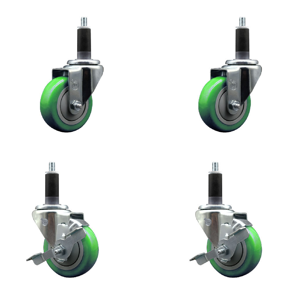Stainless Steel Polyurethane Swivel Expanding Stem Caster Set of 4 with 3.5 Inch Green Wheels and 1-1/8" Stems - Includes 2 with Top Locking Brakes - 1200 lbs Total Capacity - Service Caster Brand — photo 1