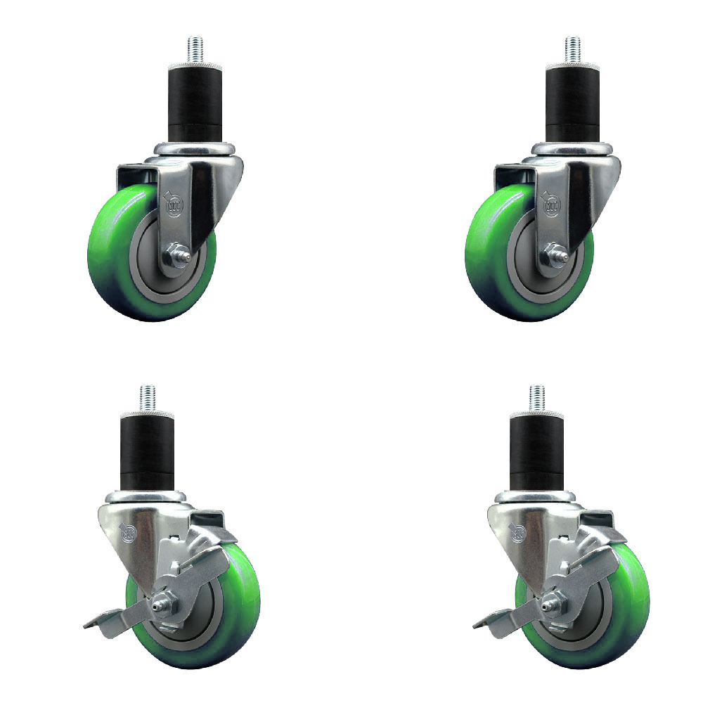 Polyurethane Swivel Expanding Stem Caster Set of 4 with 3.5 Inch Green Wheels and 1-3/4" Stems - Includes 2 with Top Locking Brakes - 1200 lbs Total Capacity - Service Caster Brand — photo 1