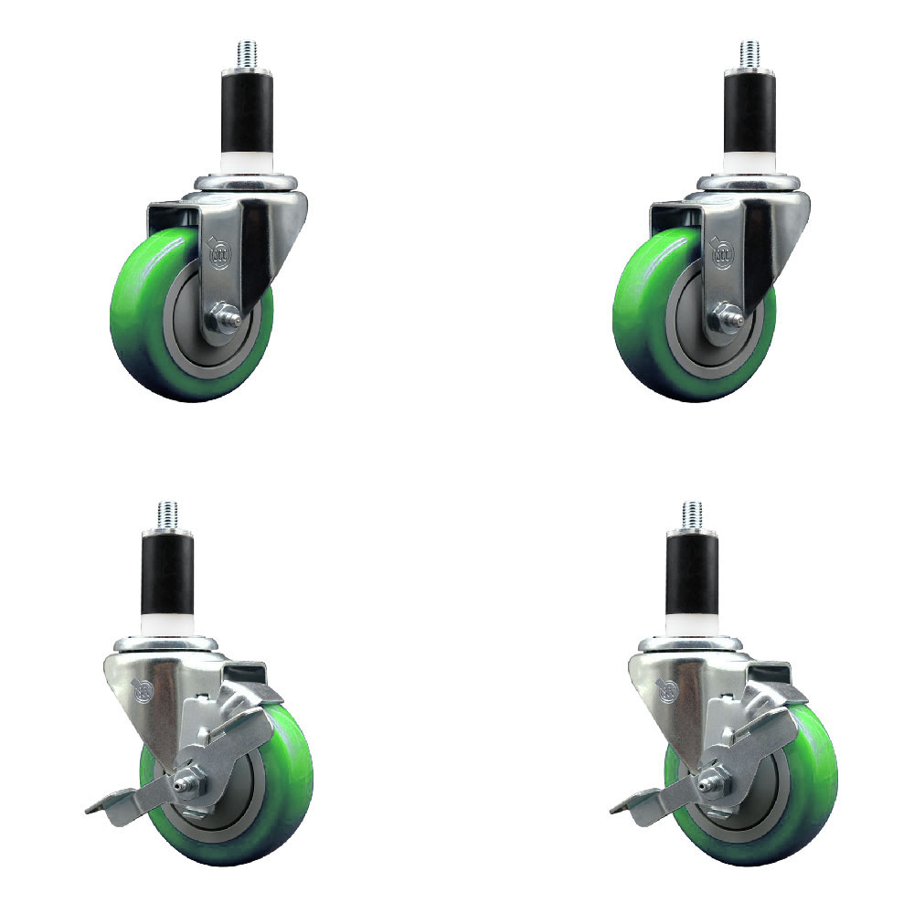 Polyurethane Swivel Expanding Stem Caster Set of 4 with 3.5 Inch Green Wheels and 1-3/8" Stems - Includes 2 with Top Locking Brakes - 1200 lbs Total Capacity - Service Caster Brand — photo 1