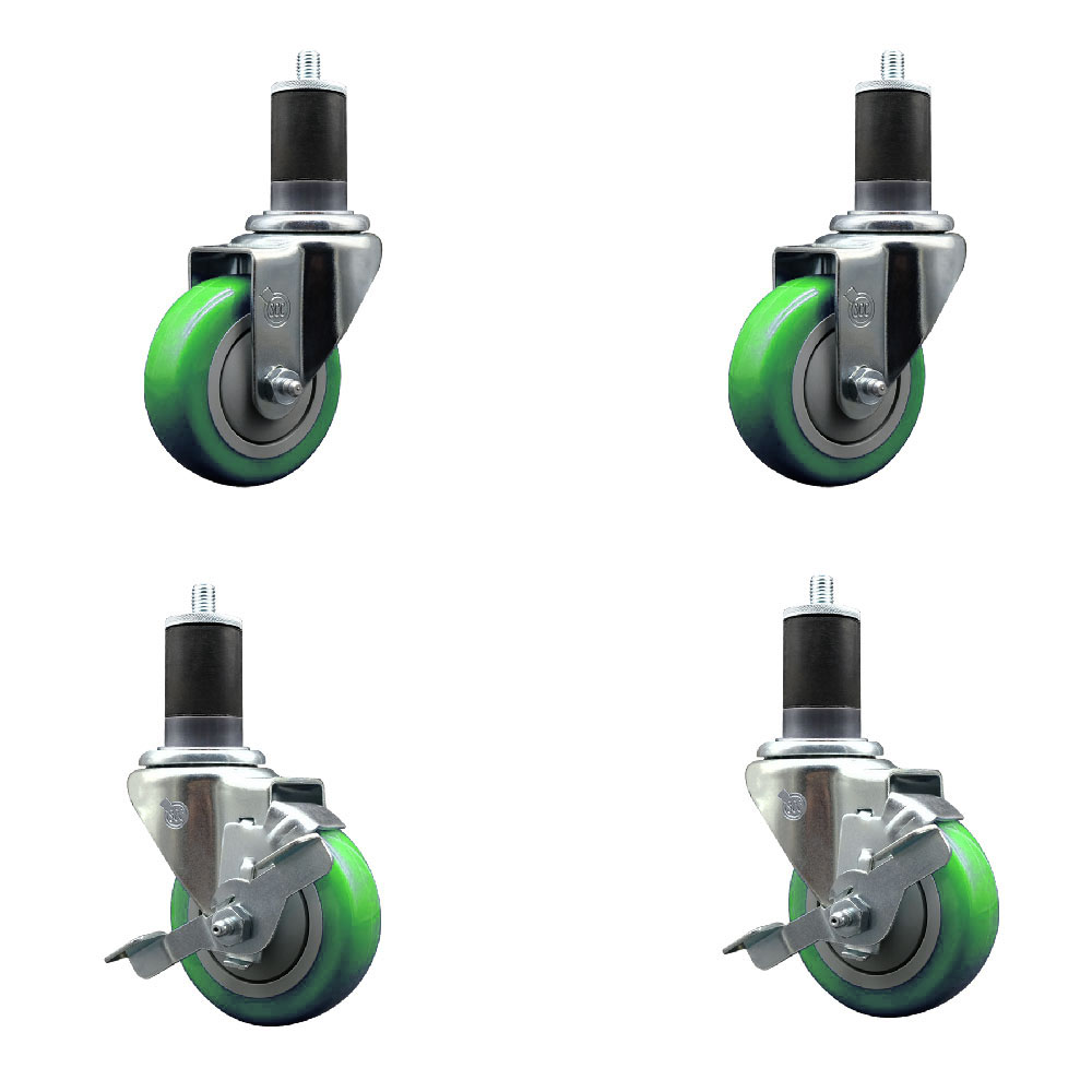Stainless Steel Polyurethane Swivel Expanding Stem Caster Set of 4 with 3.5 Inch Green Wheels and 1-5/8" Stems - Includes 2 with Top Locking Brakes - 1200 lbs Total Capacity - Service Caster Brand — photo 1