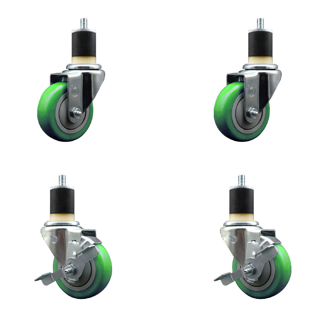 Stainless Steel Polyurethane Swivel Expanding Stem Caster Set of 4 with 3.5 Inch Green Wheels and 1-7/8" Stems - Includes 2 with Top Locking Brakes - 1200 lbs Total Capacity - Service Caster Brand — photo 1