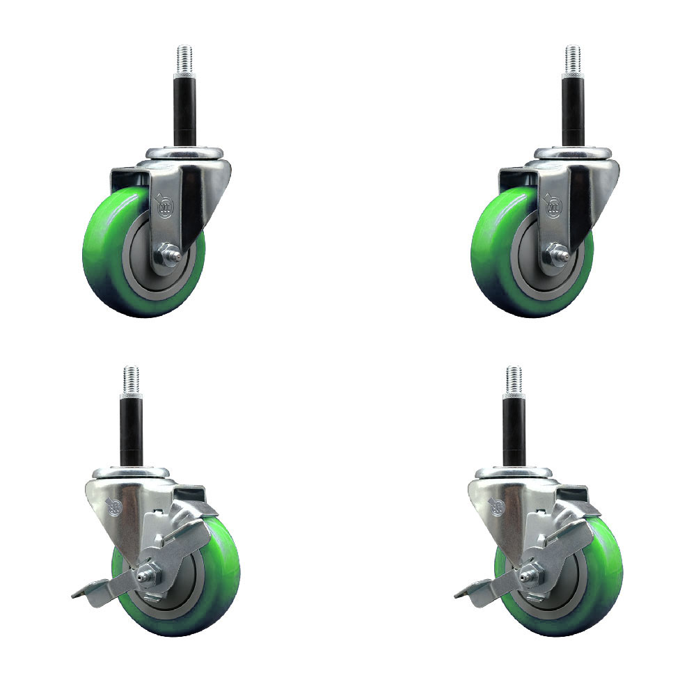 Polyurethane Swivel Expanding Stem Caster Set of 4 with 3.5 Inch Green Wheels and 3/4" Stems - Includes 2 with Top Locking Brakes - 1200 lbs Total Capacity - Service Caster Brand — photo 1