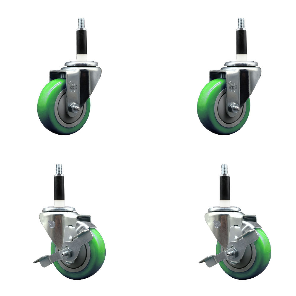 Stainless Steel Polyurethane Swivel Expanding Stem Caster Set of 4 with 3.5 Inch Green Wheels and 7/8" Stems - Includes 2 with Top Locking Brakes - 1200 lbs Total Capacity - Service Caster Brand — photo 1