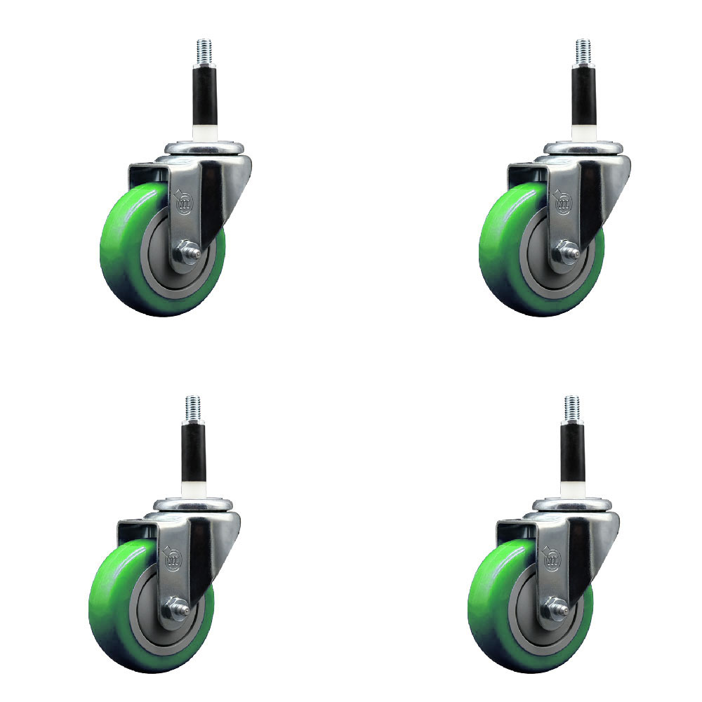 Polyurethane Swivel Expanding Stem Caster Set of 4 with 3.5 Inch Green Wheels and 7/8" Stems - 300 lbs. Capacity Per Caster - Service Caster Brand — photo 1