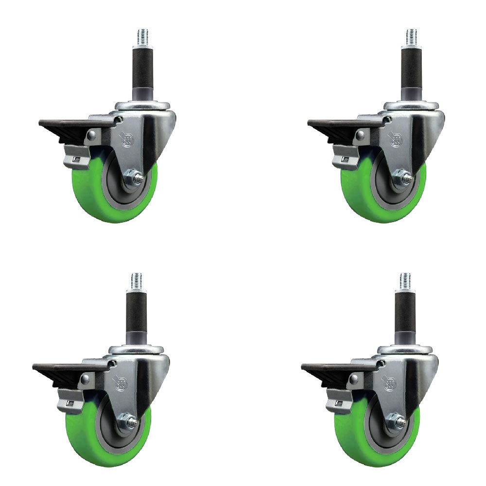 Polyurethane Swivel Expanding Stem Caster Set of 4 with 3.5 Inch Green Wheels and 1" Stems - Includes 4 Swivel with Posi Locking Brakes - 300 lbs. Capacity Per Caster - Service Caster Brand — photo 1