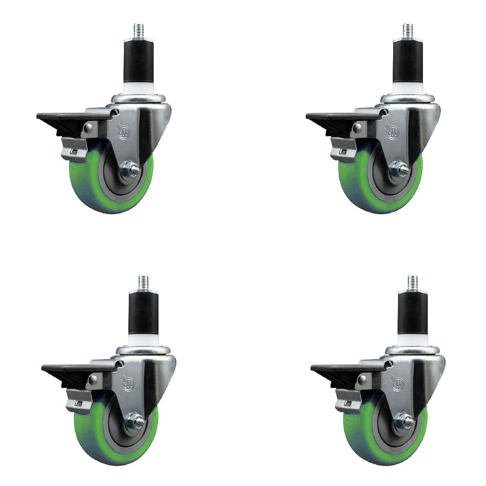 Polyurethane Swivel Expanding Stem Caster Set of 4 with 3.5 Inch Green Wheels and 1-1/2" Stems - Includes 4 Swivel with Posi Locking Brakes - 300 lbs. Capacity Per Caster - Service Caster Brand — photo 1