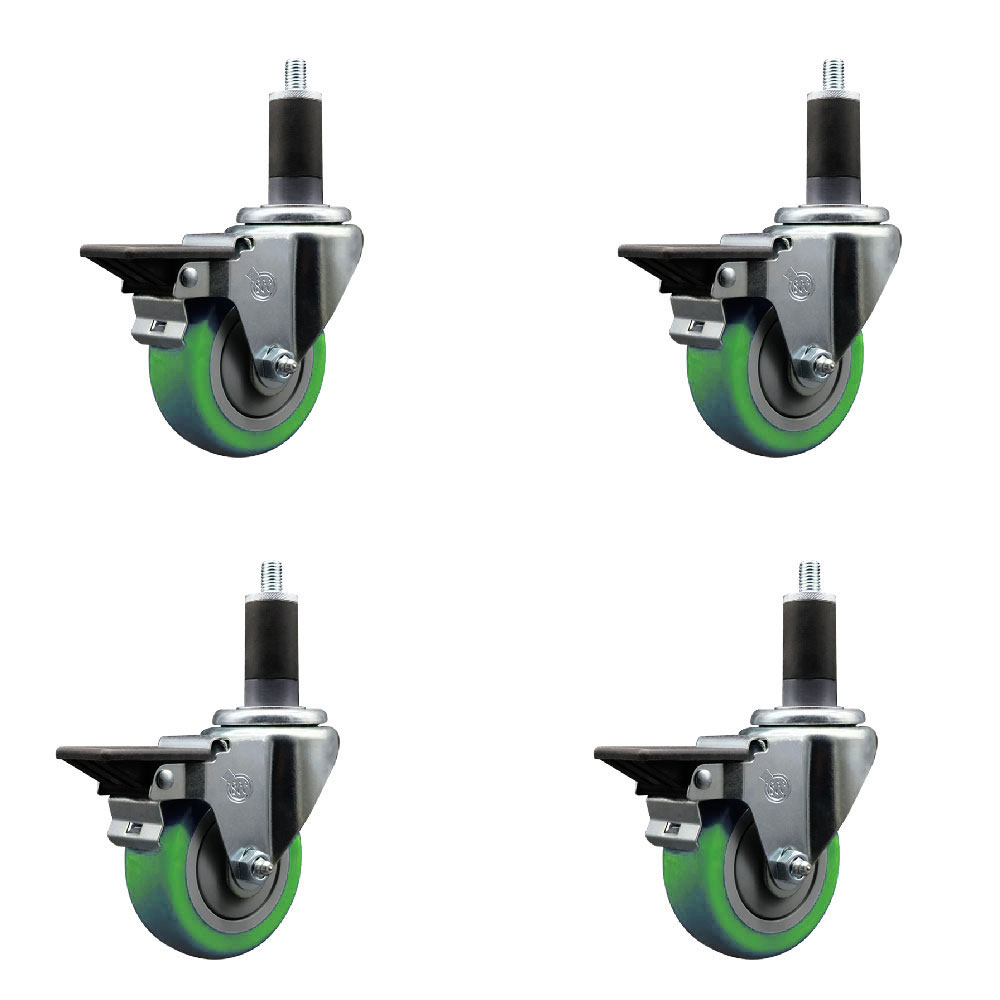 Polyurethane Swivel Expanding Stem Caster Set of 4 with 3.5 Inch Green Wheels and 1-1/4" Stems - Includes 4 Swivel with Posi Locking Brakes - 300 lbs. Capacity Per Caster - Service Caster Brand — photo 1