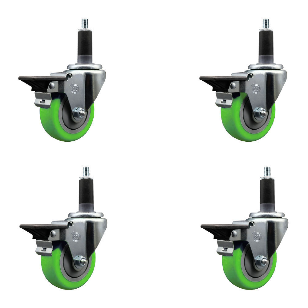 Polyurethane Swivel Expanding Stem Caster Set of 4 with 3.5 Inch Green Wheels and 1-1/8" Stems - Includes 4 Swivel with Posi Locking Brakes - 300 lbs. Capacity Per Caster - Service Caster Brand — photo 1