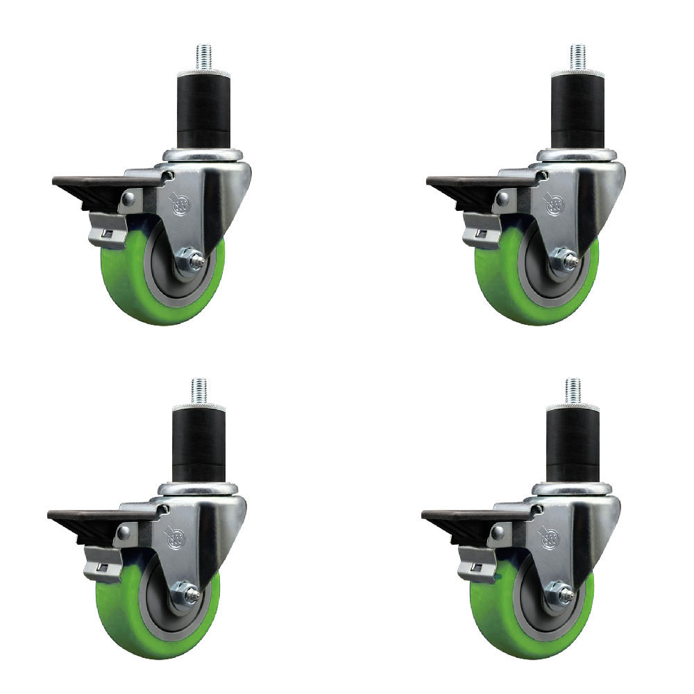 Polyurethane Swivel Expanding Stem Caster Set of 4 with 3.5 Inch Green Wheels and 1-3/4" Stems - Includes 4 Swivel with Posi Locking Brakes - 300 lbs. Capacity Per Caster - Service Caster Brand — photo 1