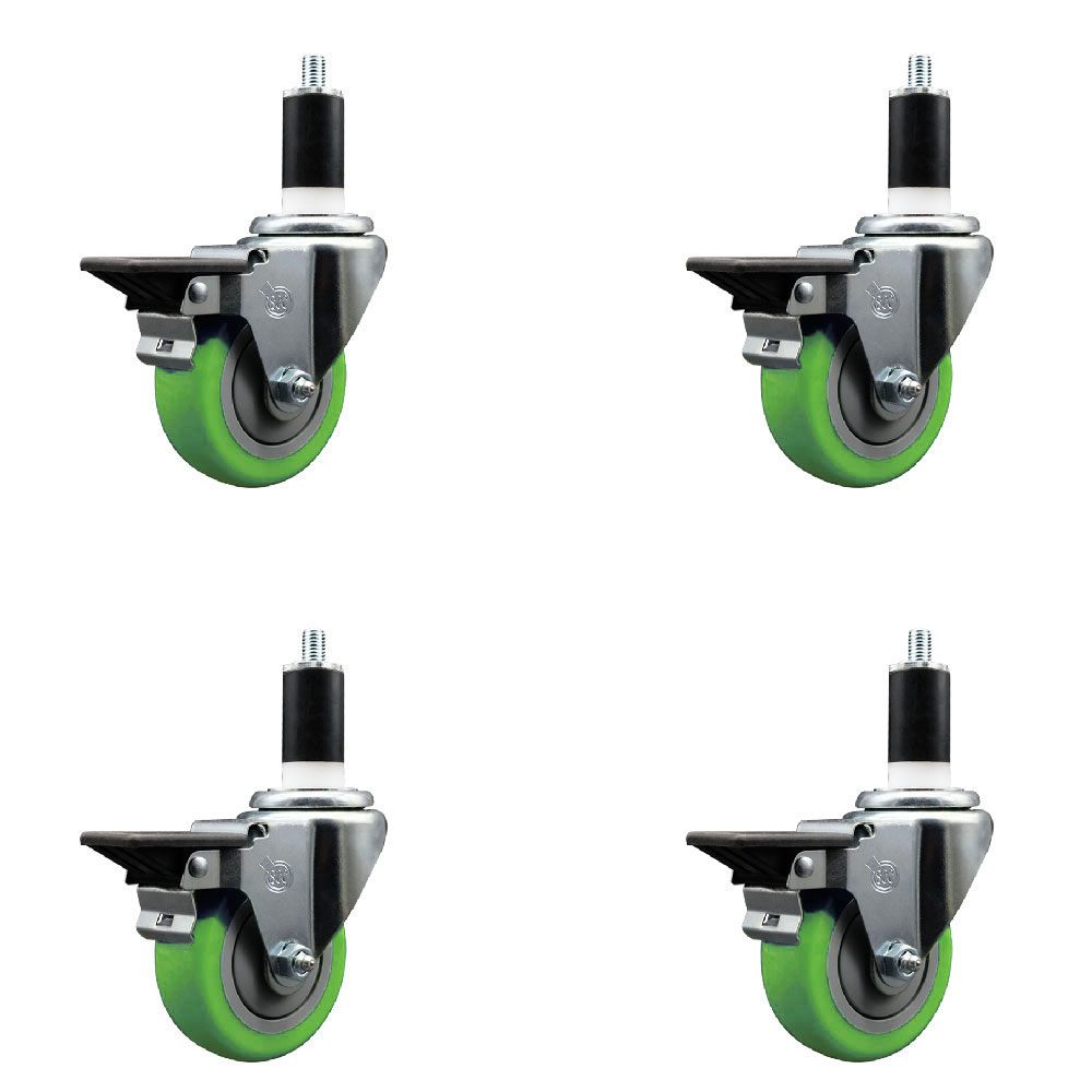 Polyurethane Swivel Expanding Stem Caster Set of 4 with 3.5 Inch Green Wheels and 1-3/8" Stems - Includes 4 Swivel with Posi Locking Brakes - 300 lbs. Capacity Per Caster - Service Caster Brand — photo 1
