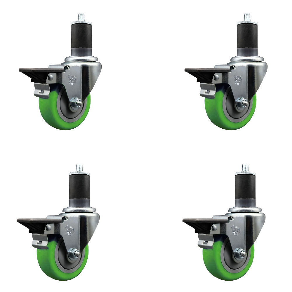 Polyurethane Swivel Expanding Stem Caster Set of 4 with 3.5 Inch Green Wheels and 1-5/8" Stems - Includes 4 Swivel with Posi Locking Brakes - 300 lbs. Capacity Per Caster - Service Caster Brand — photo 1
