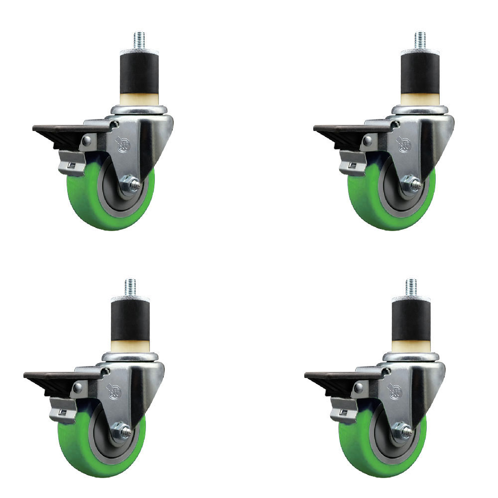 Polyurethane Swivel Expanding Stem Caster Set of 4 with 3.5 Inch Green Wheels and 1-7/8" Stems - Includes 4 Swivel with Posi Locking Brakes - 300 lbs. Capacity Per Caster - Service Caster Brand — photo 1