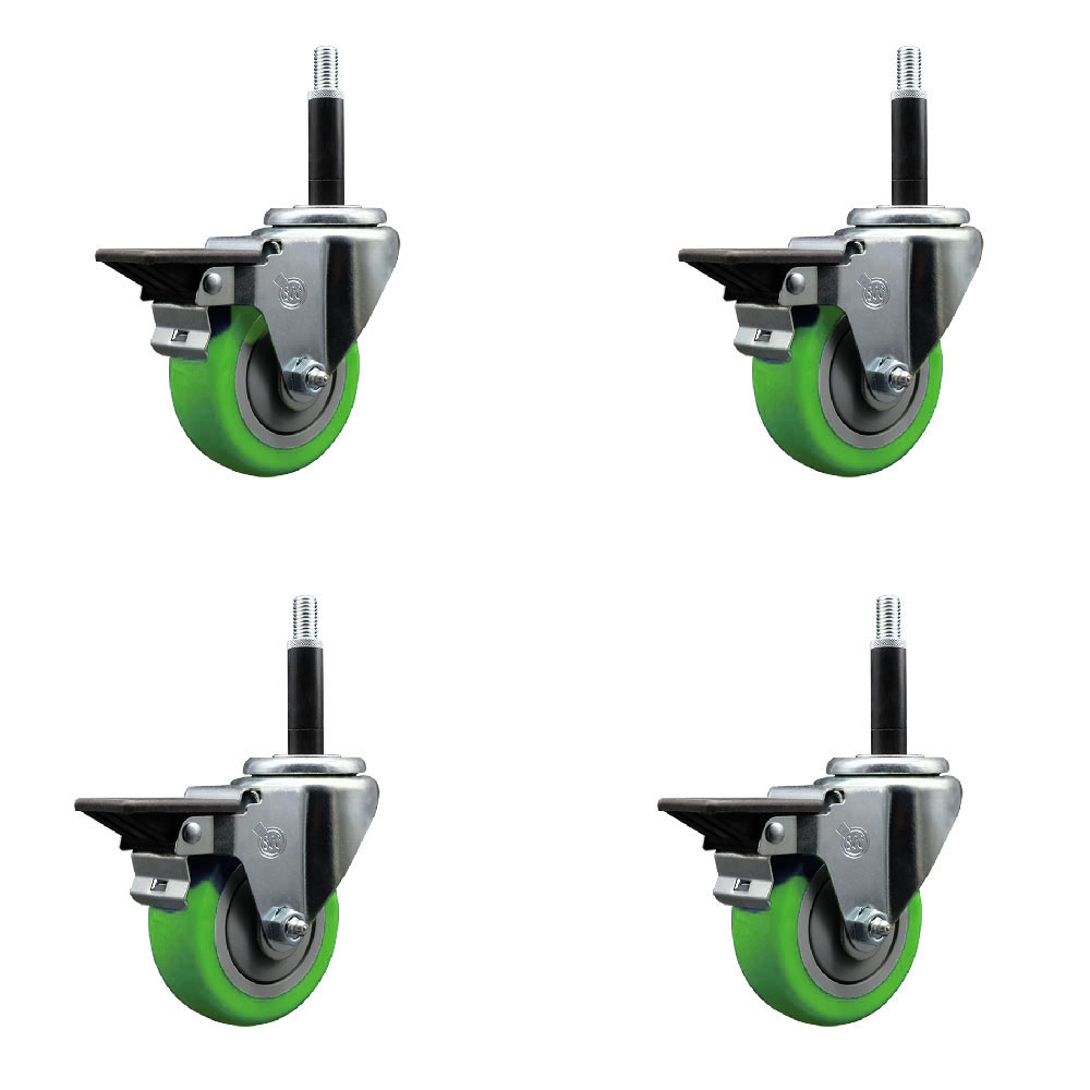 Polyurethane Swivel Expanding Stem Caster Set of 4 with 3.5 Inch Green Wheels and 3/4" Stems - Includes 4 Swivel with Posi Locking Brakes - 300 lbs. Capacity Per Caster - Service Caster Brand — photo 1