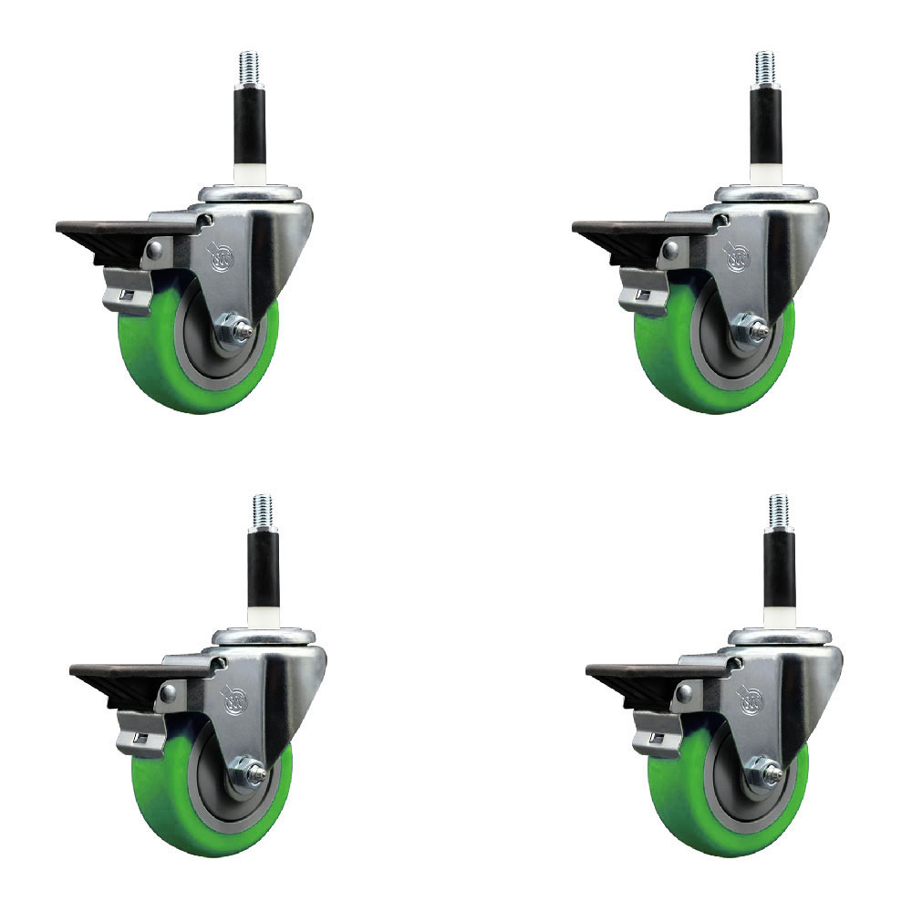 Polyurethane Swivel Expanding Stem Caster Set of 4 with 3.5 Inch Green Wheels and 7/8" Stems - Includes 4 Swivel with Posi Locking Brakes - 300 lbs. Capacity Per Caster - Service Caster Brand — photo 1