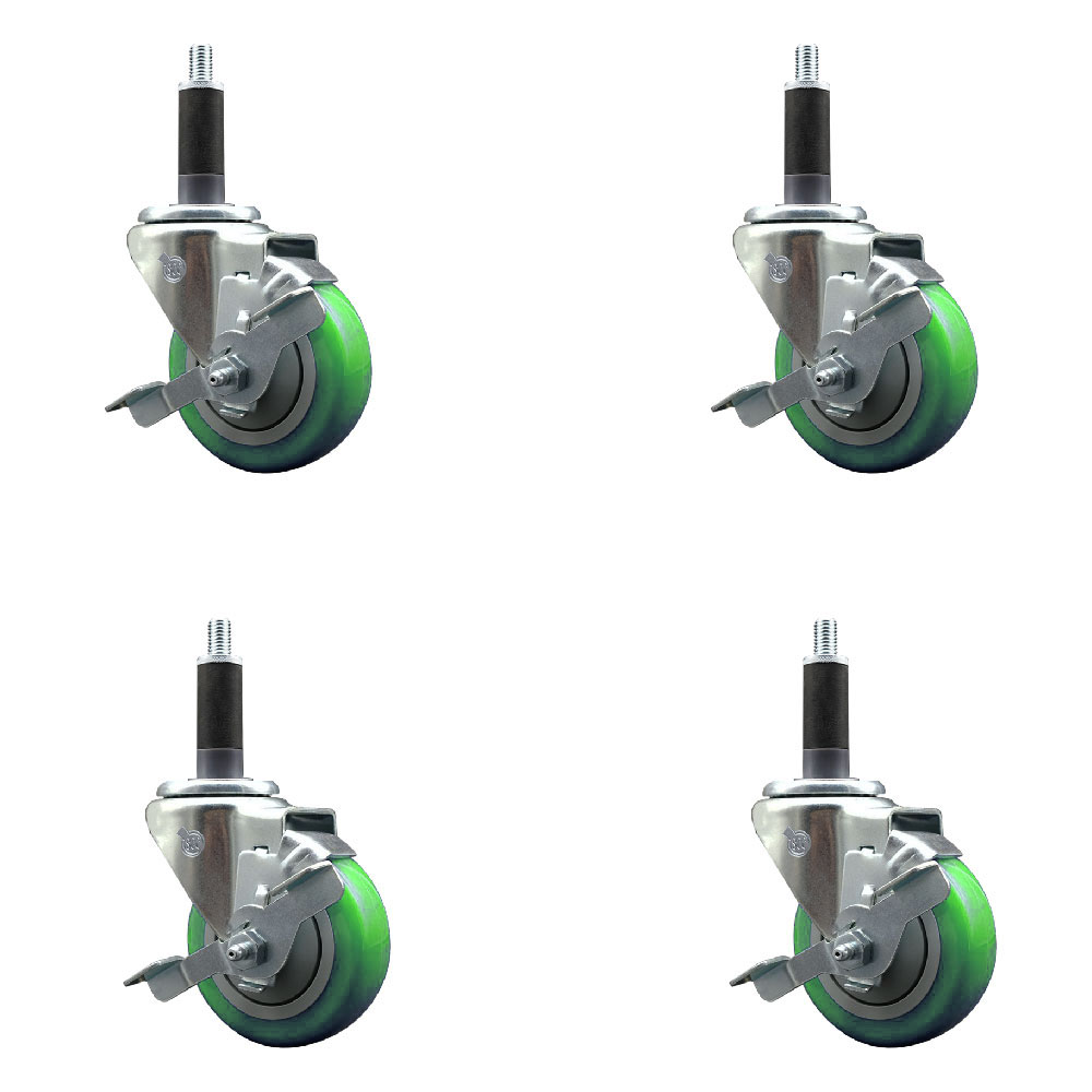 Stainless Steel Polyurethane Swivel Expanding Stem Caster Set of 4 with 3.5 Inch Green Wheels and 1" Stems - Includes 4 Swivel with Top Locking Brakes-300 lbs. Capacity Per Caster-Service Caster Brand — photo 1