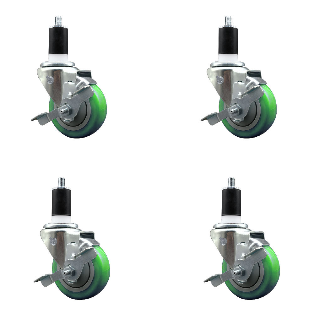 Stainless Steel Polyurethane Swivel Expanding Stem Caster Set of 4 with 3.5 Inch Green Wheels and 1-1/2" Stems-Includes 4 Swivel with Top Locking Brake-300lbs. Capacity Per Caster-Service Caster Brand — photo 1