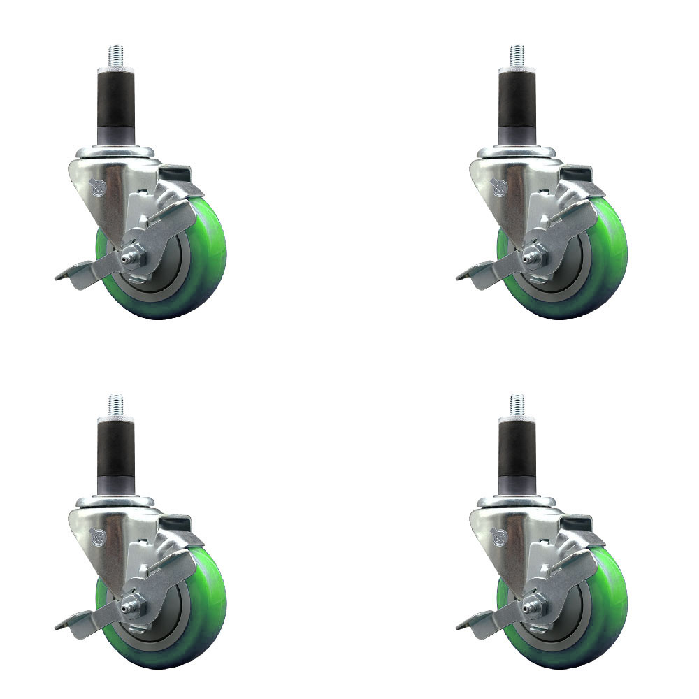 Stainless Steel Polyurethane Swivel Expanding Stem Caster Set of 4 with 3.5 Inch Green Wheels and 1-1/4" Stems-Includes 4 Swivel with Top Locking Brake-300lbs. Capacity Per Caster-Service Caster Brand — photo 1