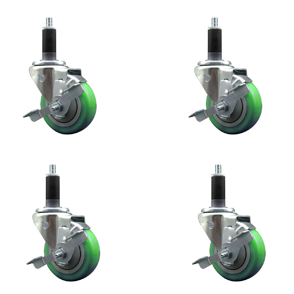Polyurethane Swivel Expanding Stem Caster Set of 4 with 3.5 Inch Green Wheels and 1-1/8" Stems - Includes 4 Swivel with Top Locking Brakes - 300 lbs. Capacity Per Caster - Service Caster Brand — photo 1