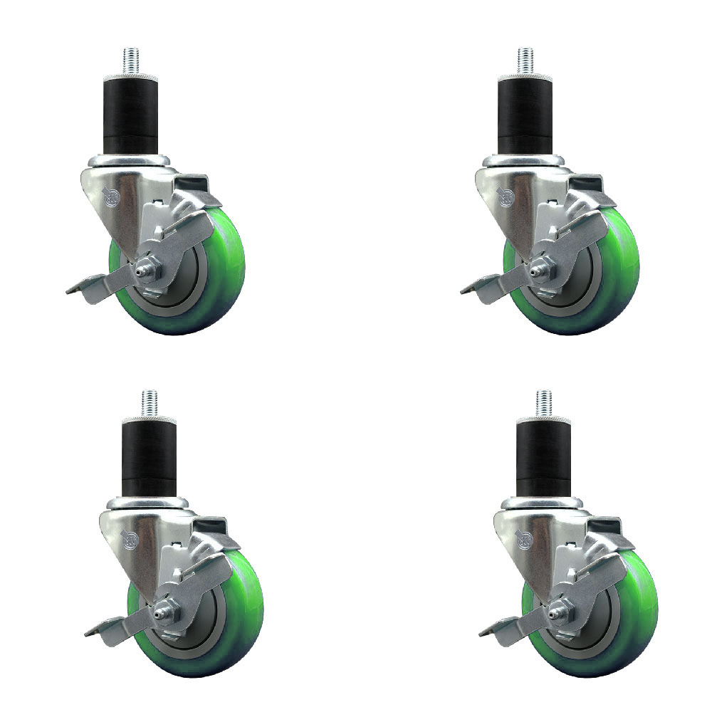 Stainless Steel Polyurethane Swivel Expanding Stem Caster Set of 4 with 3.5 Inch Green Wheels and 1-3/4" Stems-Includes 4 Swivel with Top Locking Brake-300lbs. Capacity Per Caster-Service Caster Brand — photo 1
