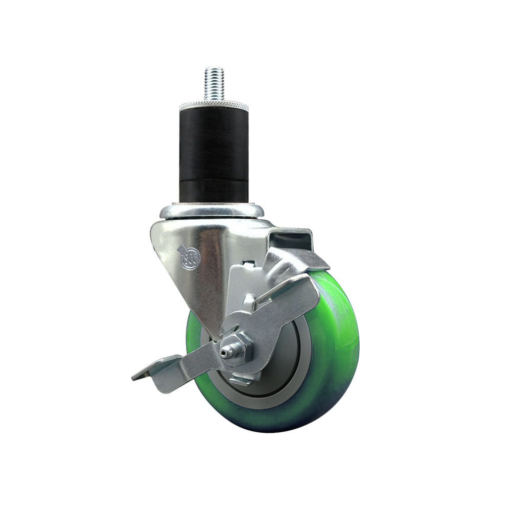 Stainless Steel Polyurethane Expanding Stem Swivel Caster with 3.5 Inch Green Wheel and 1-3/4" Stem & Top Locking Brake - 300 lbs. Capacity Per Caster - Service Caster Brand — photo 1