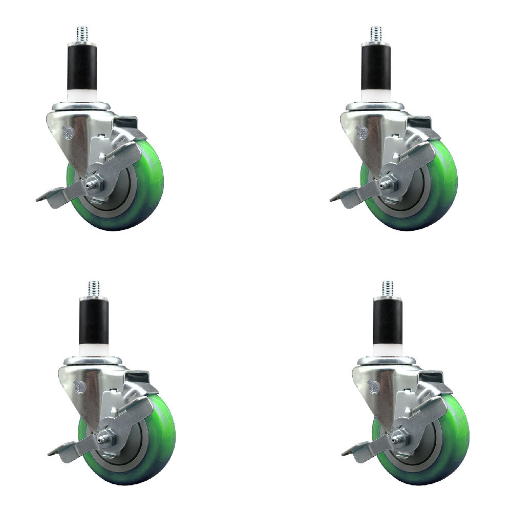 Stainless Steel Polyurethane Swivel Expanding Stem Caster Set of 4 with 3.5 Inch Green Wheels and 1-3/8" Stems-Includes 4 Swivel with Top Locking Brake-300lbs. Capacity Per Caster-Service Caster Brand — photo 1