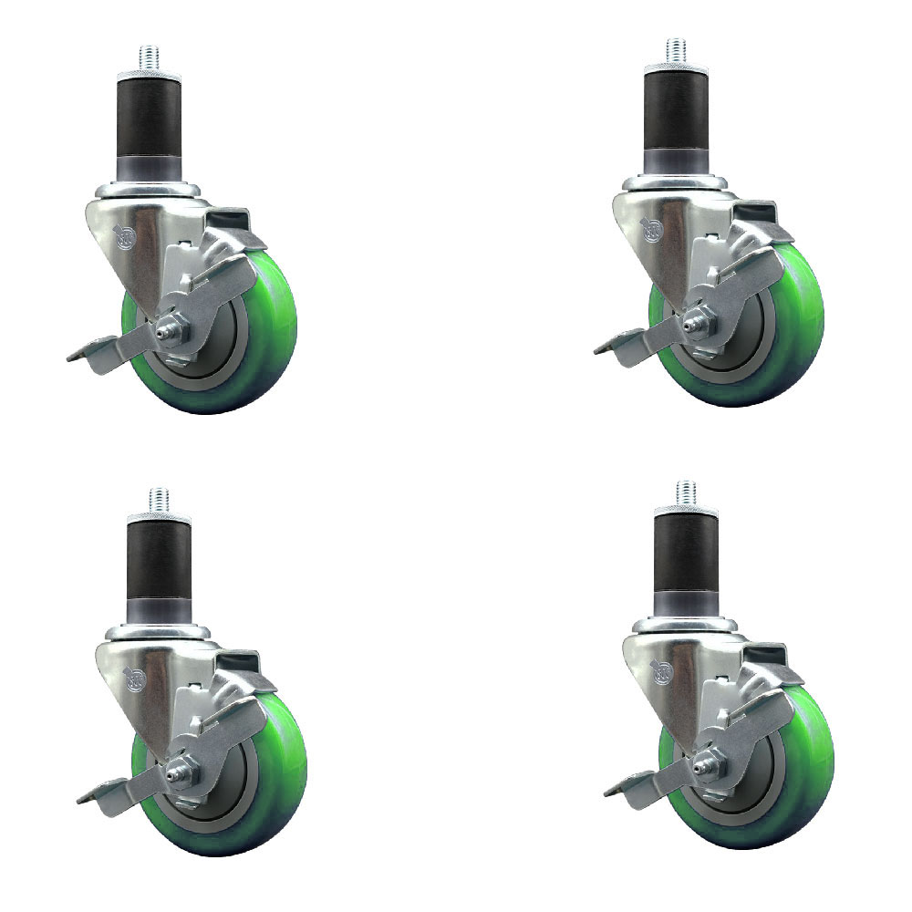 Stainless Steel Polyurethane Swivel Expanding Stem Caster Set of 4 with 3.5 Inch Green Wheels and 1-5/8" Stems-Includes 4 Swivel with Top Locking Brake-300lbs. Capacity Per Caster-Service Caster Brand — photo 1