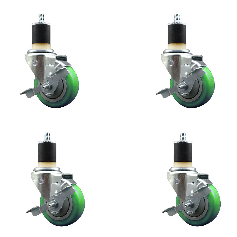 Polyurethane Swivel Expanding Stem Caster Set of 4 with 3.5 Inch Green Wheels and 1-7/8" Stems - Includes 4 Swivel with Top Locking Brakes - 300 lbs. Capacity Per Caster - Service Caster Brand — photo 1