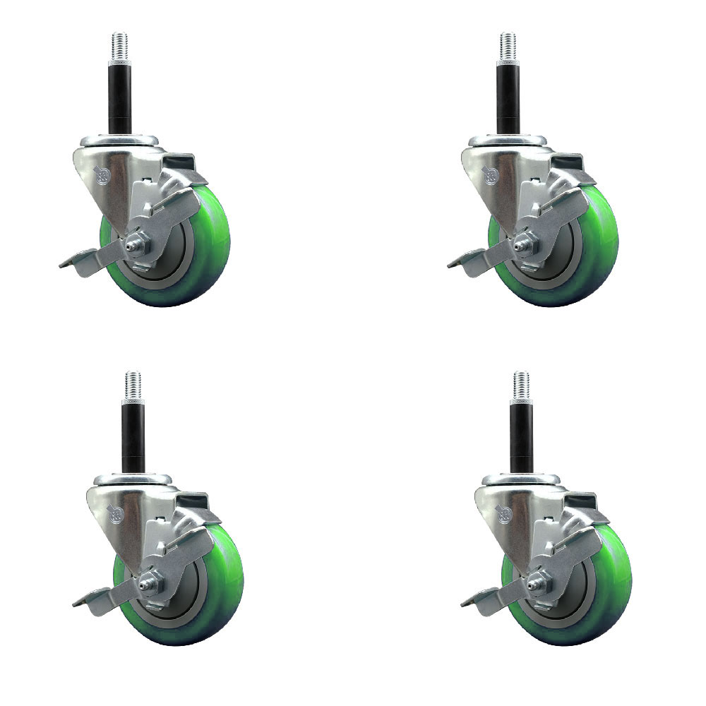 Stainless Steel Polyurethane Swivel Expanding Stem Caster Set of 4 with 3.5 Inch Green Wheels and 3/4" Stems-Includes 4 Swivel with Top Locking Brakes-300 lbs. Capacity Per Caster-Service Caster Brand — photo 1