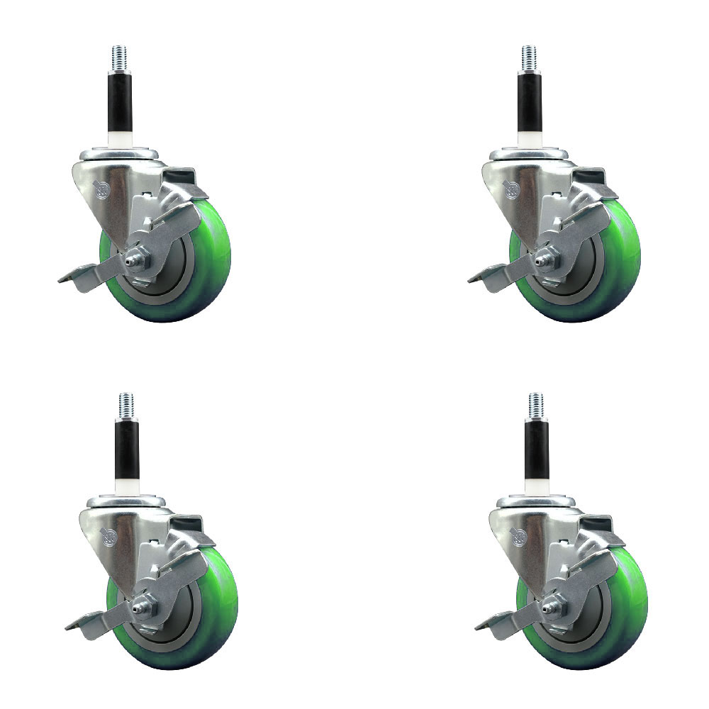 Stainless Steel Polyurethane Swivel Expanding Stem Caster Set of 4 with 3.5 Inch Green Wheels and 7/8" Stems-Includes 4 Swivel with Top Locking Brakes-300 lbs. Capacity Per Caster-Service Caster Brand — photo 1