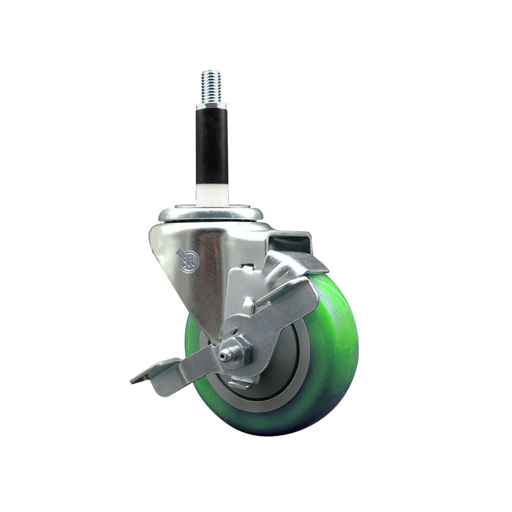 Stainless Steel Polyurethane Expanding Stem Swivel Caster with 3.5 Inch Green Wheel and 7/8" Stem & Top Locking Brake - 300 lbs. Capacity Per Caster - Service Caster Brand — photo 1