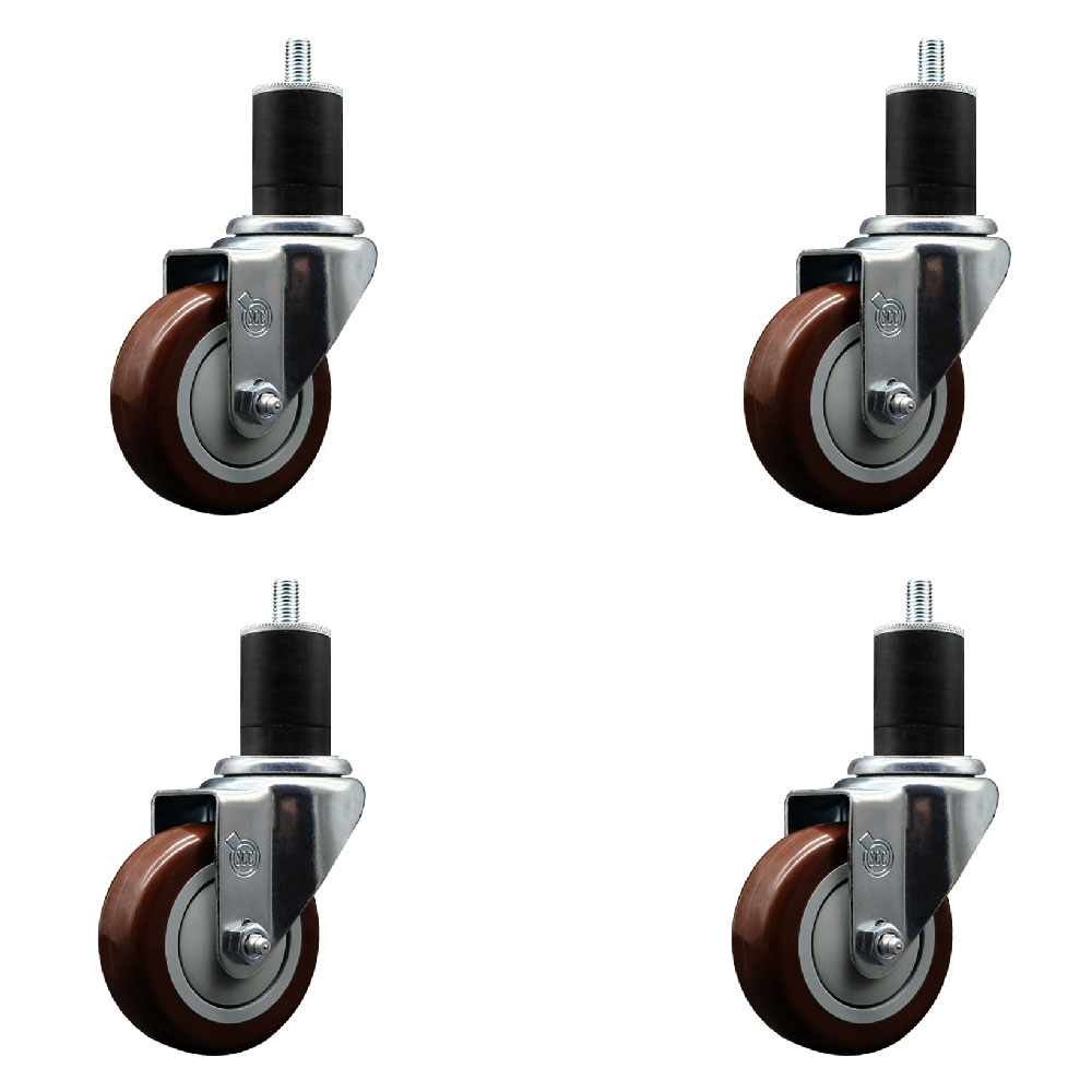 Stainless Steel Polyurethane Swivel Expanding Stem Caster Set of 4 with 3.5 Inch Maroon Wheels and 1-3/4" Stems - Includes 4 Swivel - 300 lbs. Capacity Per Caster - Service Caster Brand — photo 1