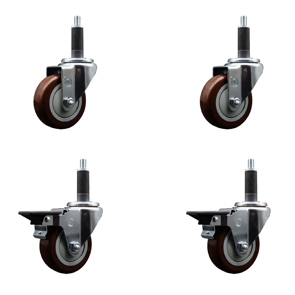 Polyurethane Swivel Expanding Stem Caster Set of 4 with 3.5 Inch Maroon Wheels and 1" Stems - Includes 2 with Posi Locking Brakes - 1200 lbs Total Capacity - Service Caster Brand — photo 1