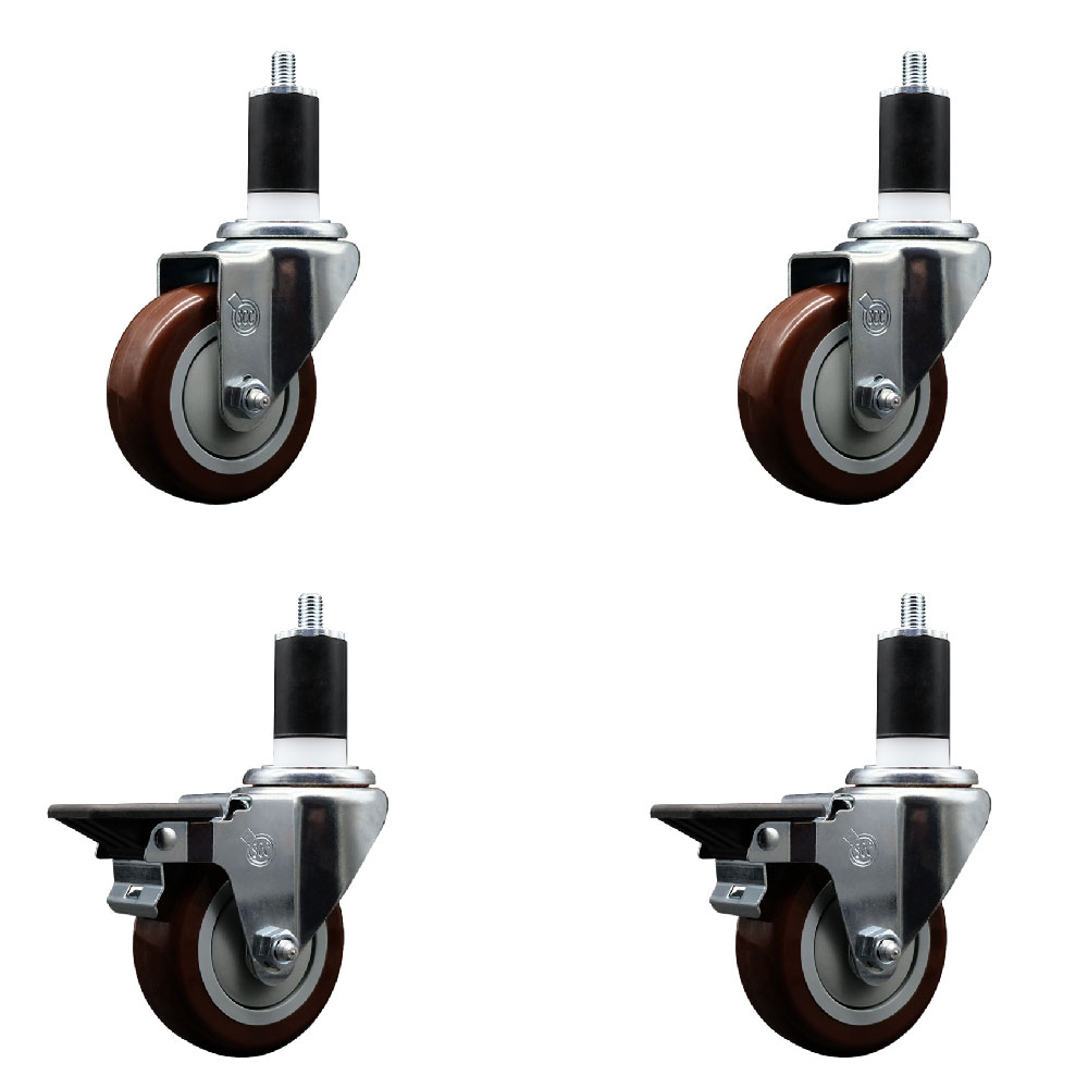 Polyurethane Swivel Expanding Stem Caster Set of 4 with 3.5 Inch Maroon Wheels and 1-1/2" Stems - Includes 2 with Posi Locking Brakes - 1200 lbs Total Capacity - Service Caster Brand — photo 1