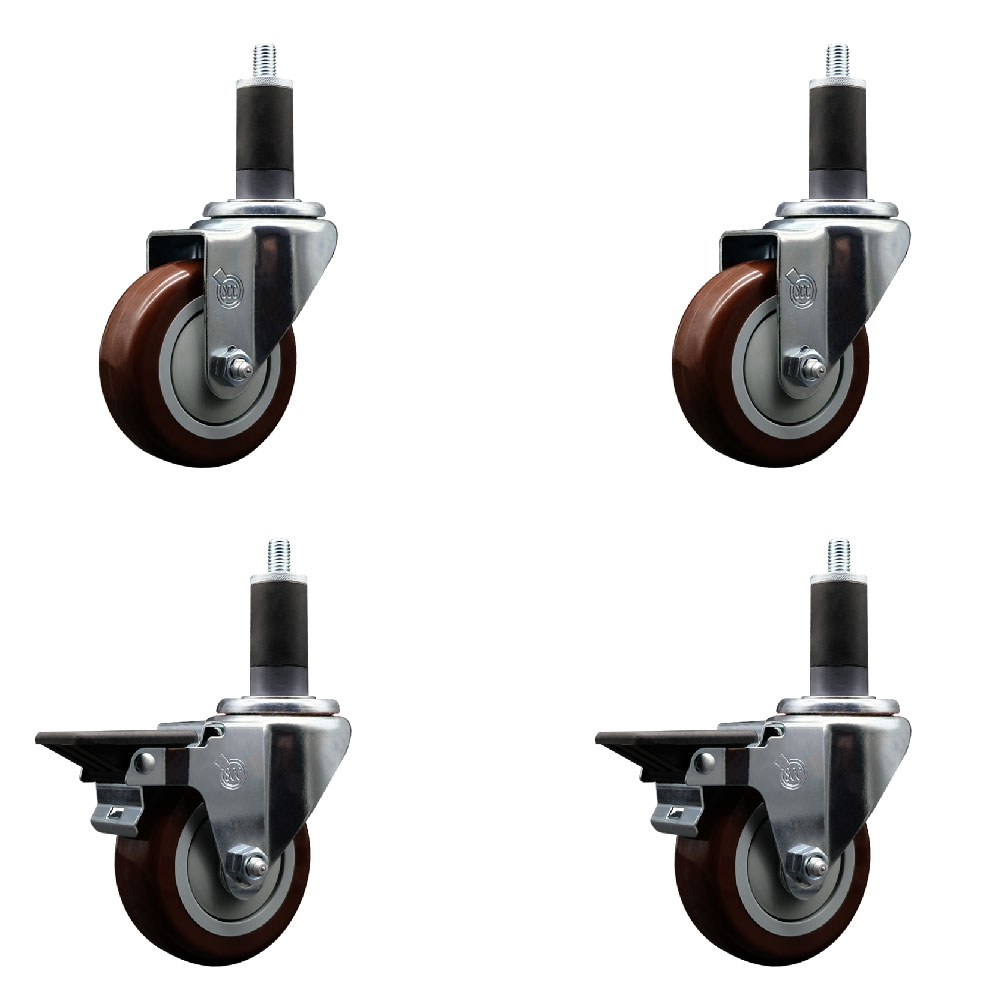 Polyurethane Swivel Expanding Stem Caster Set of 4 with 3.5 Inch Maroon Wheels and 1-1/4" Stems - Includes 2 with Posi Locking Brakes - 1200 lbs Total Capacity - Service Caster Brand — photo 1