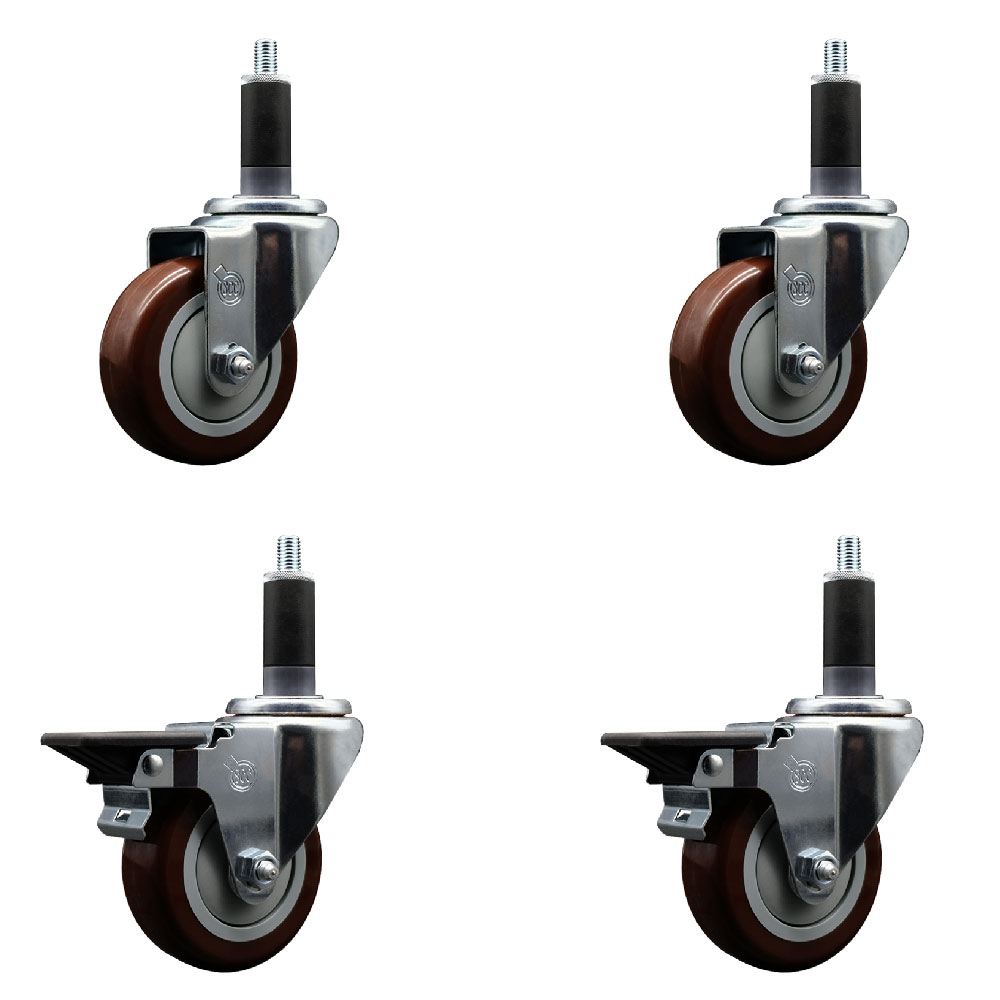 Polyurethane Swivel Expanding Stem Caster Set of 4 with 3.5 Inch Maroon Wheels and 1-1/8" Stems - Includes 2 with Posi Locking Brakes - 1200 lbs Total Capacity - Service Caster Brand — photo 1