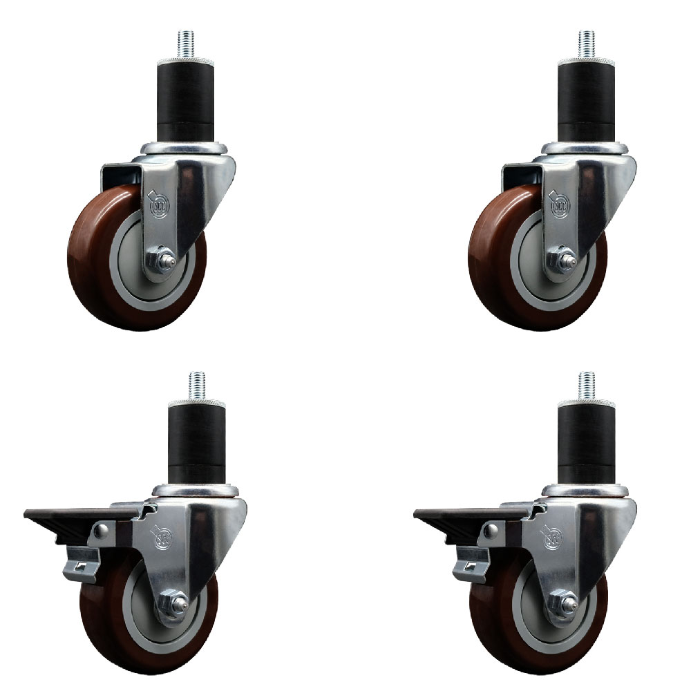 Polyurethane Swivel Expanding Stem Caster Set of 4 with 3.5 Inch Maroon Wheels and 1-3/4" Stems - Includes 2 with Posi Locking Brakes - 1200 lbs Total Capacity - Service Caster Brand — photo 1