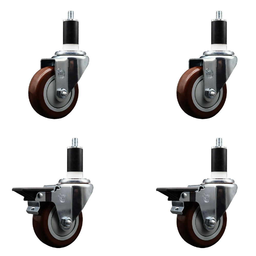 Polyurethane Swivel Expanding Stem Caster Set of 4 with 3.5 Inch Maroon Wheels and 1-3/8" Stems - Includes 2 with Posi Locking Brakes - 1200 lbs Total Capacity - Service Caster Brand — photo 1