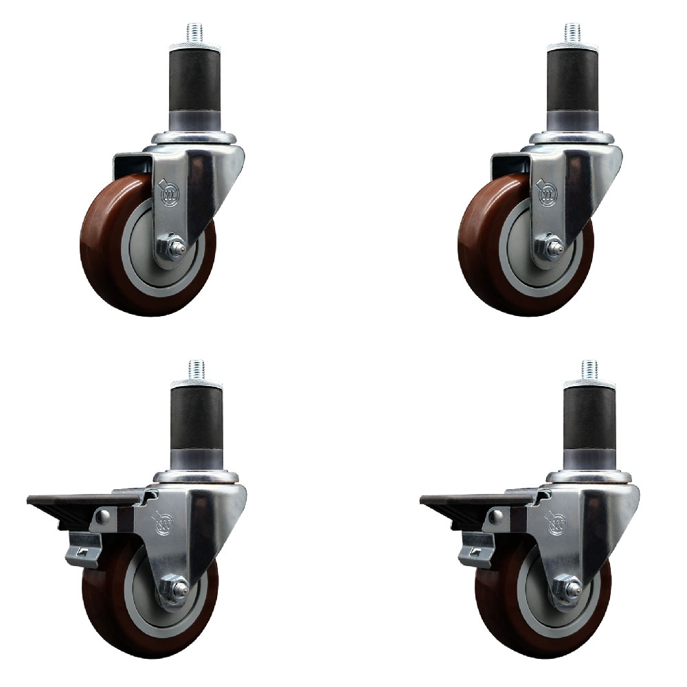 Polyurethane Swivel Expanding Stem Caster Set of 4 with 3.5 Inch Maroon Wheels and 1-5/8" Stems - Includes 2 with Posi Locking Brakes - 1200 lbs Total Capacity - Service Caster Brand — photo 1