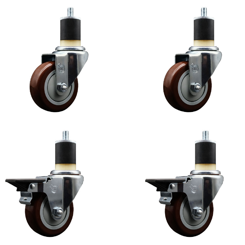 Polyurethane Swivel Expanding Stem Caster Set of 4 with 3.5 Inch Maroon Wheels and 1-7/8" Stems - Includes 2 with Posi Locking Brakes - 1200 lbs Total Capacity - Service Caster Brand — photo 1