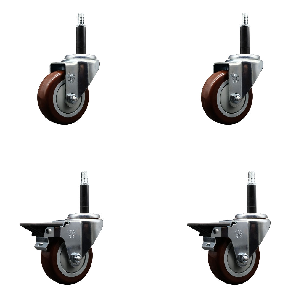Polyurethane Swivel Expanding Stem Caster Set of 4 with 3.5 Inch Maroon Wheels and 3/4" Stems - Includes 2 with Posi Locking Brakes - 1200 lbs Total Capacity - Service Caster Brand — photo 1
