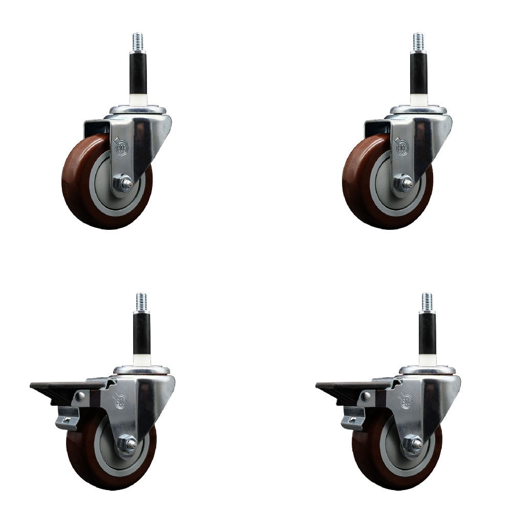 Polyurethane Swivel Expanding Stem Caster Set of 4 with 3.5 Inch Maroon Wheels and 7/8" Stems - Includes 2 with Top Locking Brakes - 1200 lbs Total Capacity - Service Caster Brand — photo 1