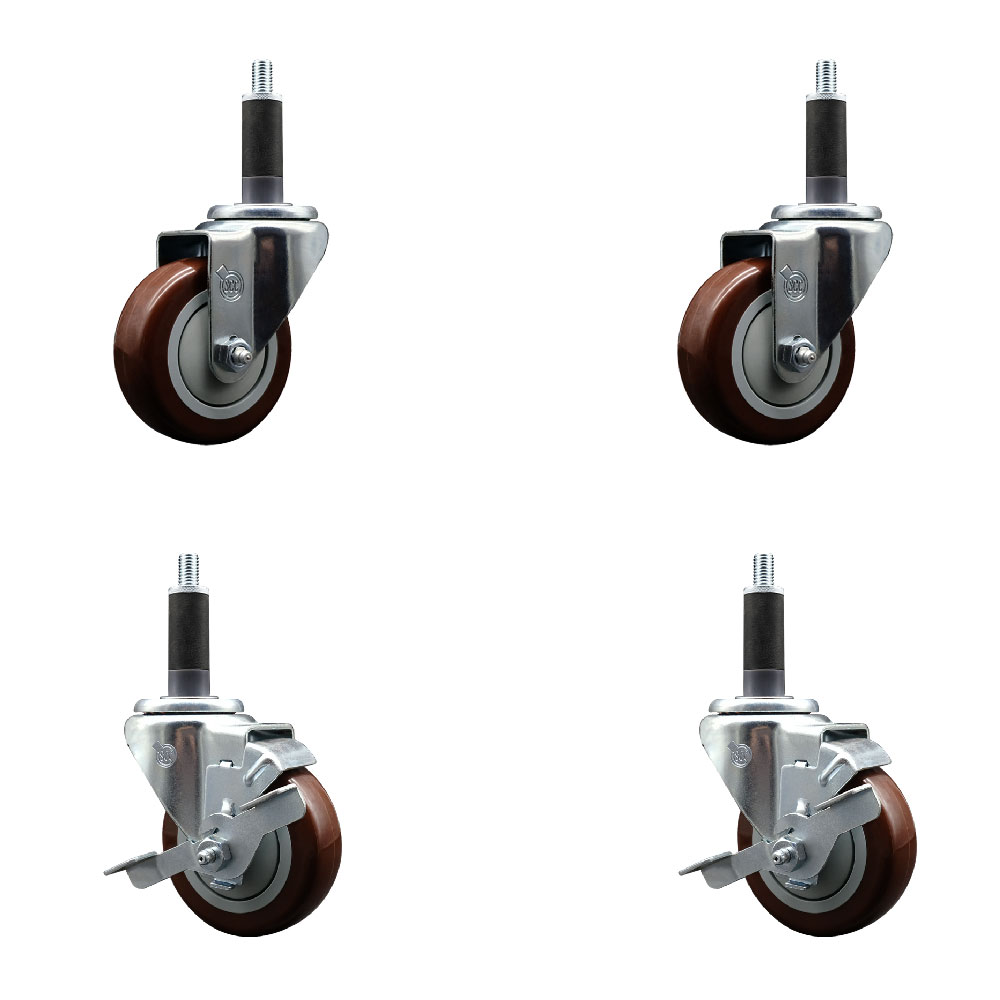 Stainless Steel Polyurethane Swivel Expanding Stem Caster Set of 4 with 3.5 Inch Maroon Wheels and 1" Stems - Includes 2 with Top Locking Brakes - 1200 lbs Total Capacity - Service Caster Brand — photo 1