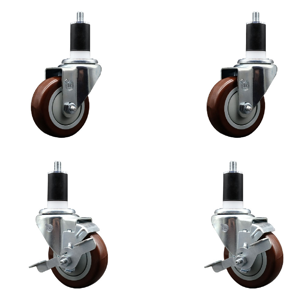 Polyurethane Swivel Expanding Stem Caster Set of 4 with 3.5 Inch Maroon Wheels and 1-1/2" Stems - Includes 2 with Top Locking Brakes - 1200 lbs Total Capacity - Service Caster Brand — photo 1