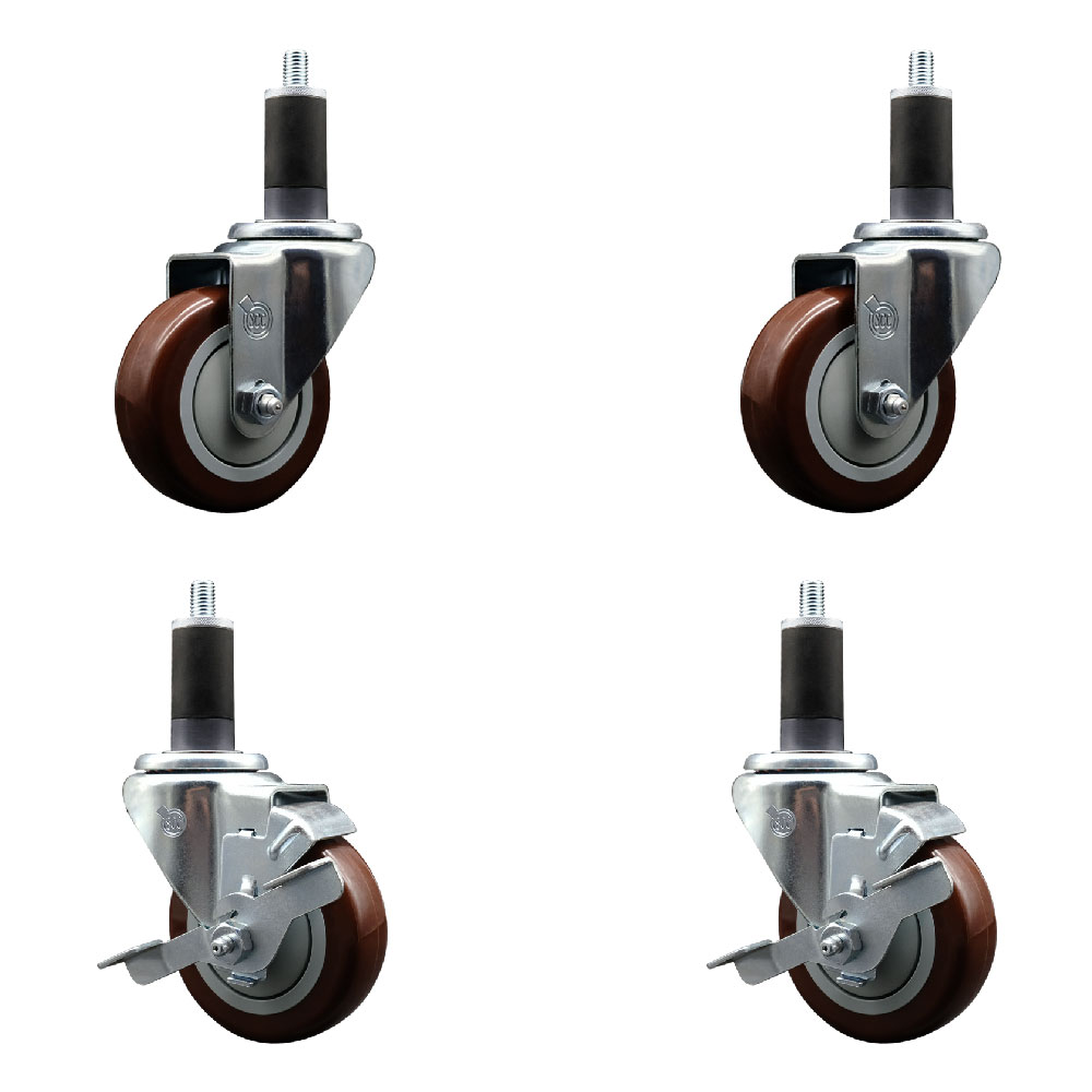 Polyurethane Swivel Expanding Stem Caster Set of 4 with 3.5 Inch Maroon Wheels and 1-1/4" Stems - Includes 2 with Top Locking Brakes - 1200 lbs Total Capacity - Service Caster Brand — photo 1