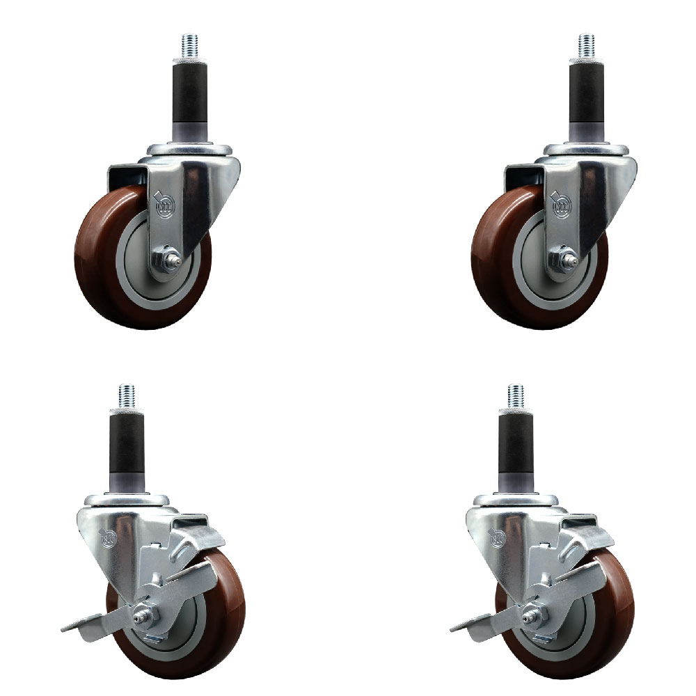 Polyurethane Swivel Expanding Stem Caster Set of 4 with 3.5 Inch Maroon Wheels and 1-1/8" Stems - Includes 2 with Top Locking Brakes - 1200 lbs Total Capacity - Service Caster Brand — photo 1