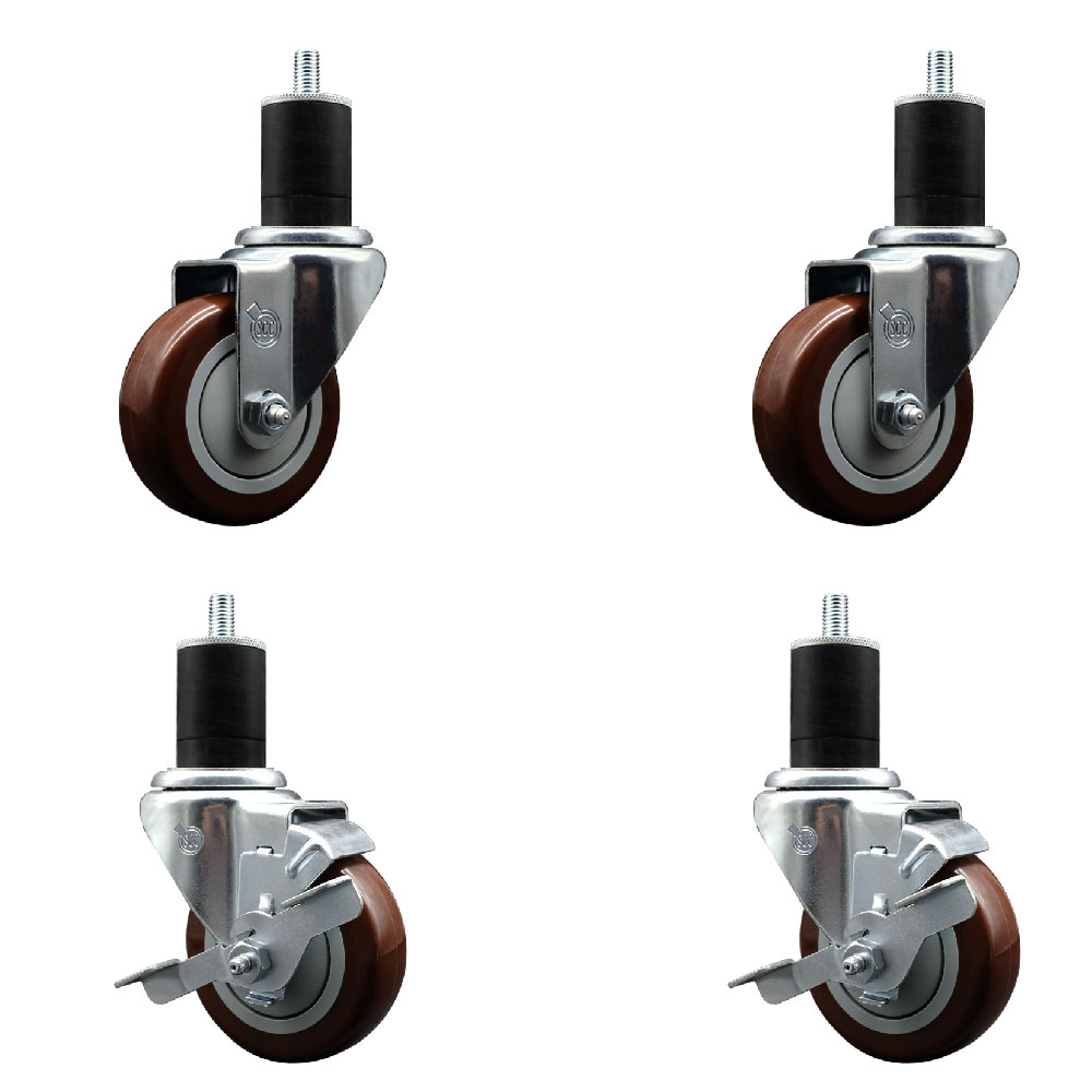 Polyurethane Swivel Expanding Stem Caster Set of 4 with 3.5 Inch Maroon Wheels and 1-3/4" Stems - Includes 2 with Top Locking Brakes - 1200 lbs Total Capacity - Service Caster Brand — photo 1