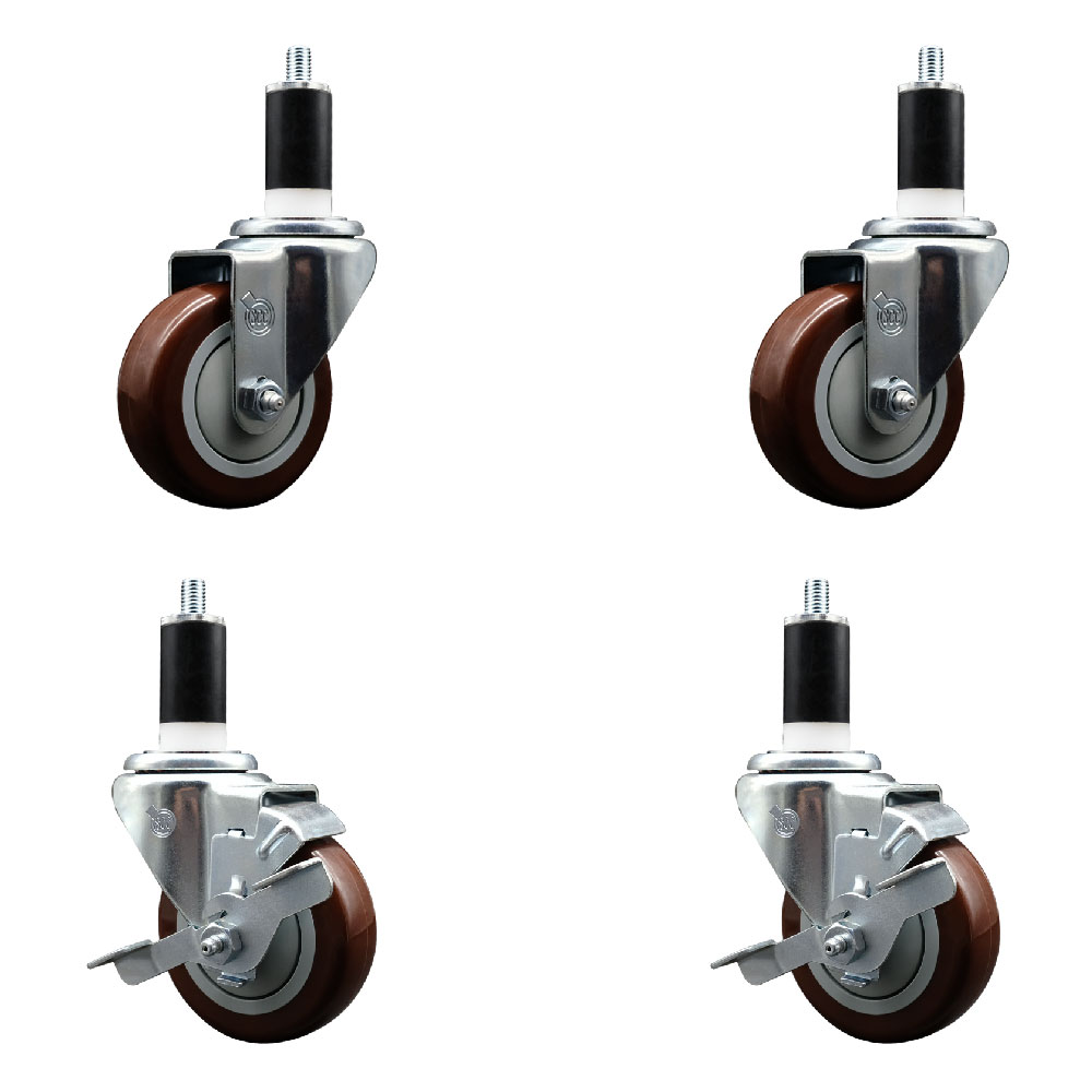 Stainless Steel Polyurethane Swivel Expanding Stem Caster Set of 4 with 3.5 Inch Maroon Wheels and 1-3/8" Stems - Includes 2 with Top Locking Brakes - 1200 lbs Total Capacity - Service Caster Brand — photo 1
