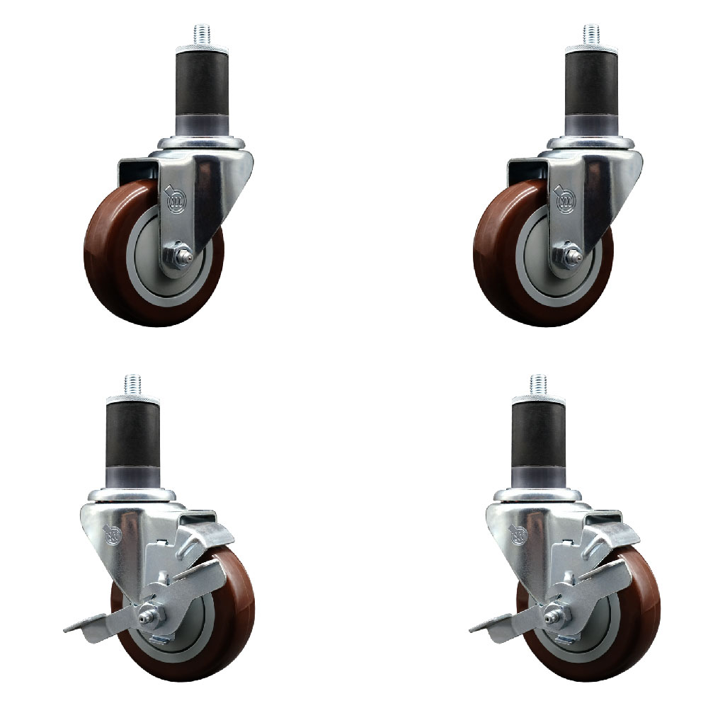 Polyurethane Swivel Expanding Stem Caster Set of 4 with 3.5 Inch Maroon Wheels and 1-5/8" Stems - Includes 2 with Top Locking Brakes - 1200 lbs Total Capacity - Service Caster Brand — photo 1