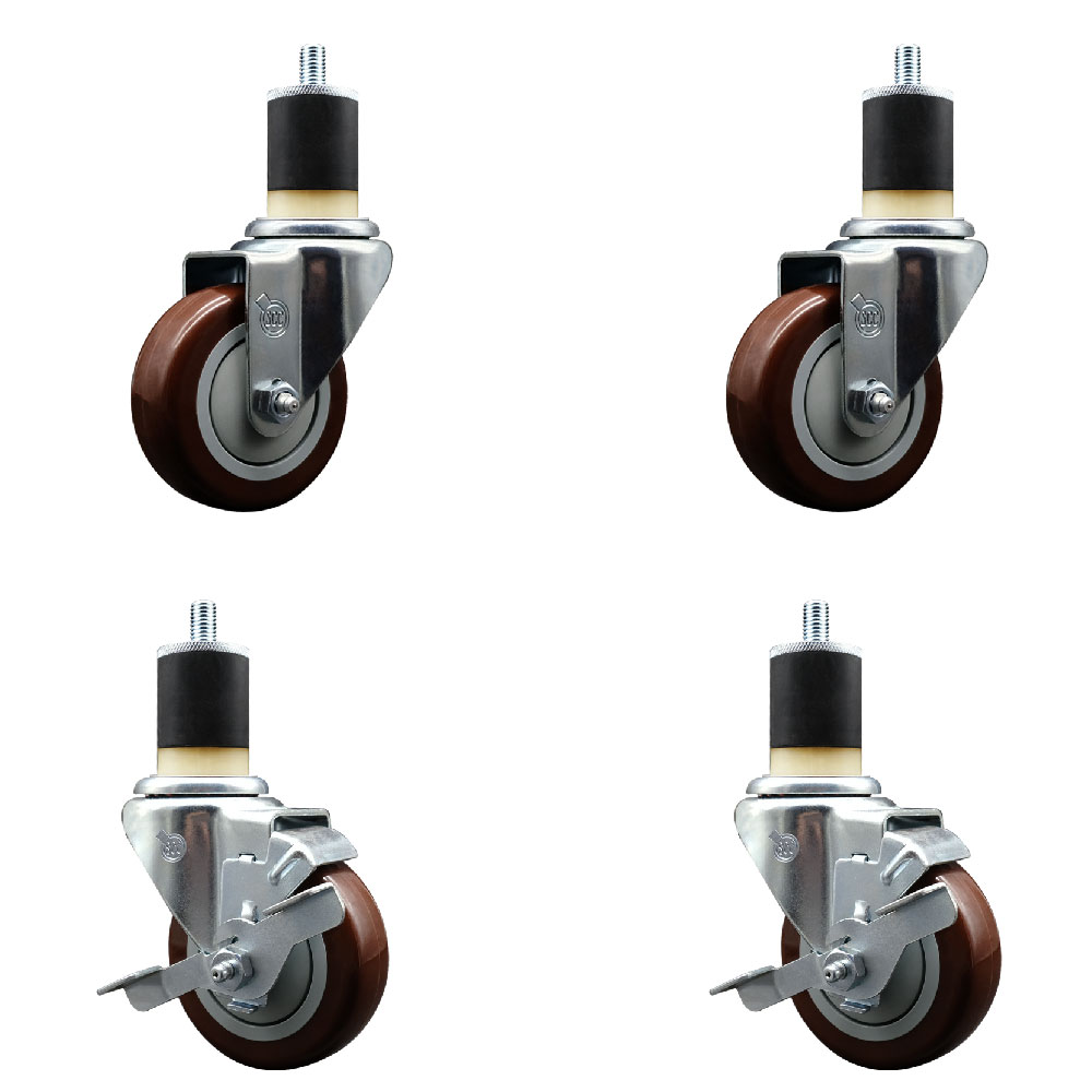Stainless Steel Polyurethane Swivel Expanding Stem Caster Set of 4 with 3.5 Inch Maroon Wheels and 1-7/8" Stems - Includes 2 with Top Locking Brakes - 1200 lbs Total Capacity - Service Caster Brand — photo 1