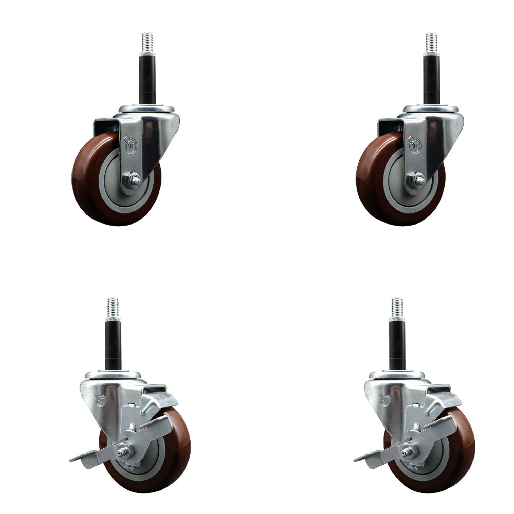 Stainless Steel Polyurethane Swivel Expanding Stem Caster Set of 4 with 3.5 Inch Maroon Wheels and 3/4" Stems - Includes 2 with Top Locking Brakes - 1200 lbs Total Capacity - Service Caster Brand — photo 1